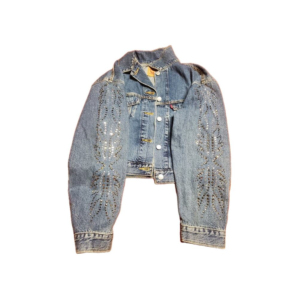 LEVI'S 90s Cropped Trucker Jacket Rhinestone Studded Denim Size M Dark Wash New - Picture 2 of 4